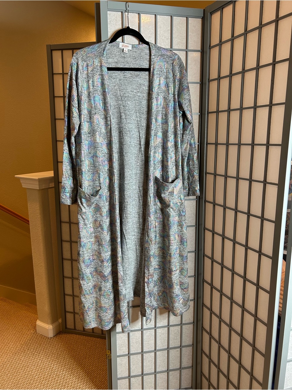 LuLaRoe Gray Duster Sarah Cardigan with Iridescent Trim from Elegant Collection
